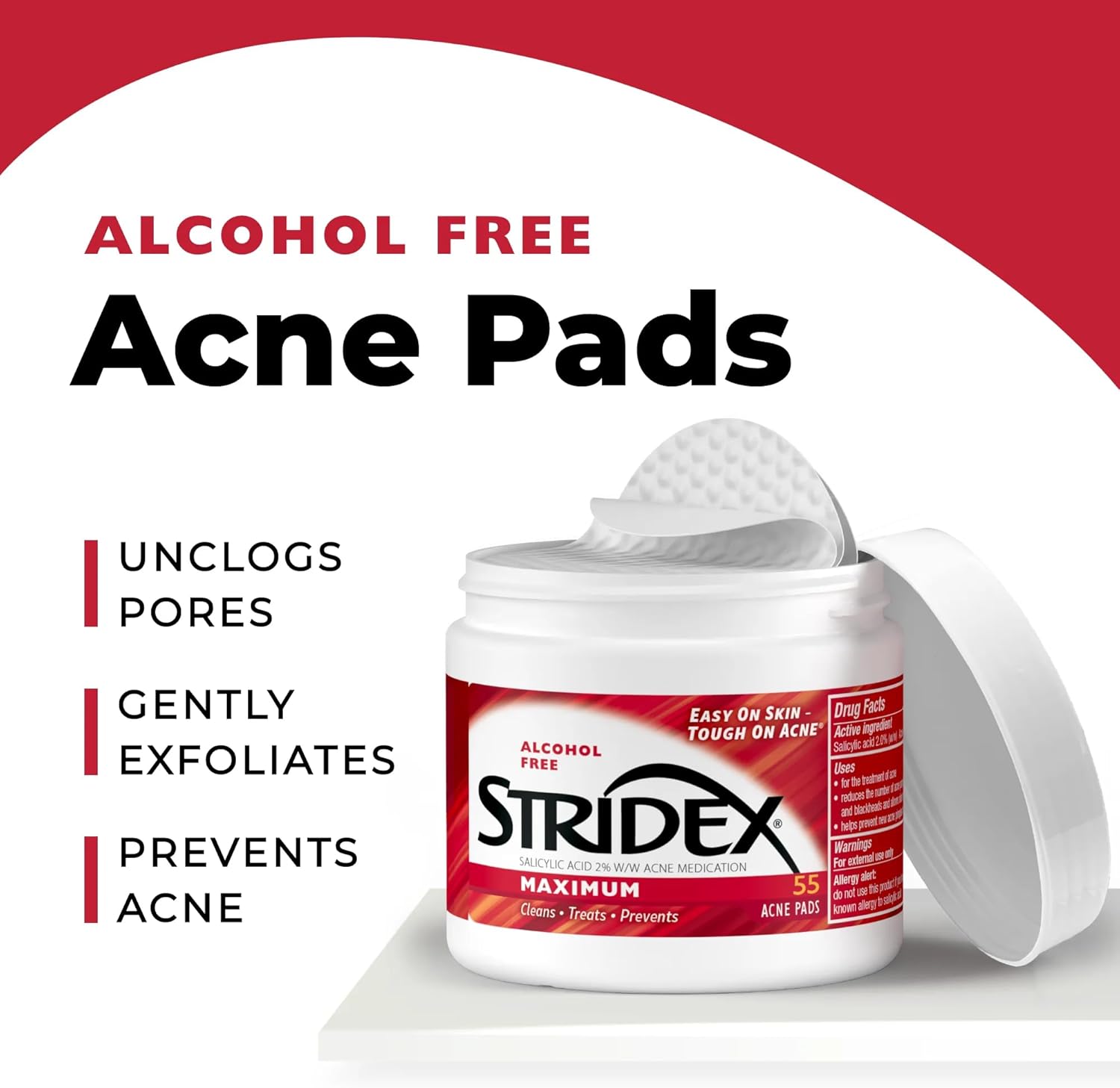 Stridex pads maximum alcohol free for acne treatment – 55 Soft Touch Pads
